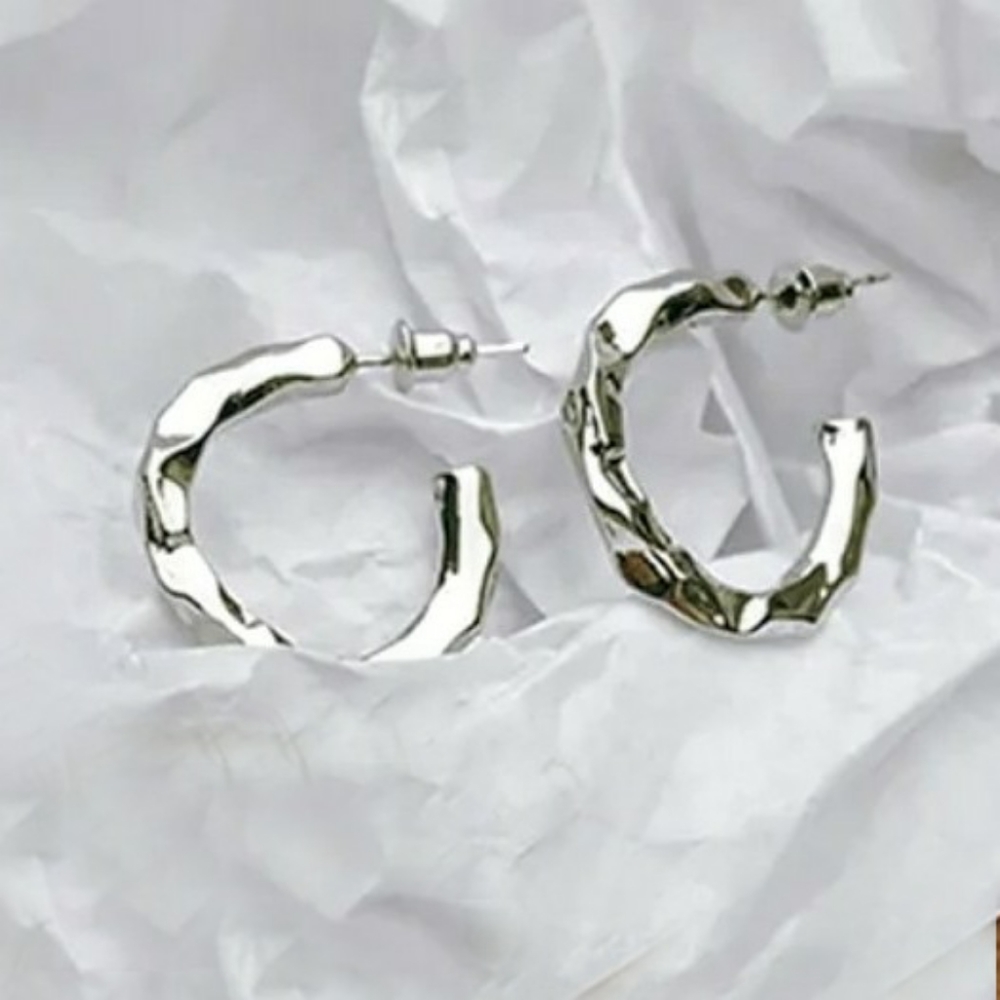 Silver Hammered Molten Hoop Statement Earrings; NWOT